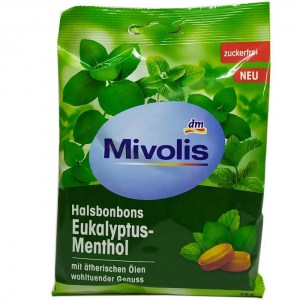 Леденцы для горла без сахара  Mivolis Halsbonbons Eukalyptus-Menthol 75г